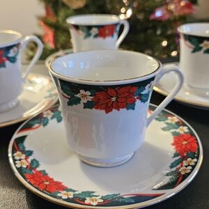Festive Poinsettia Teacup and Saucer Set